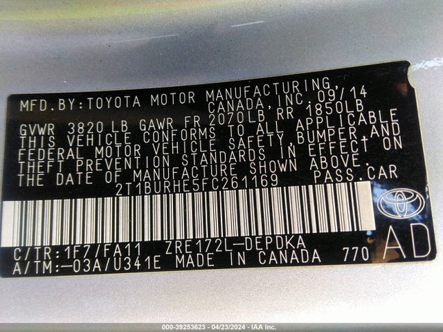 Toyota COROLLA L 2015 2T1BURHE5FC261169 Image 9