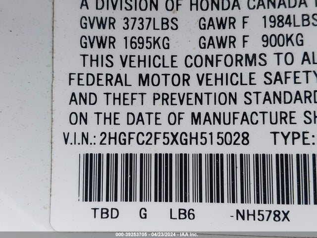 Honda Civic Lx 2016 2HGFC2F5XGH515028 Image 9