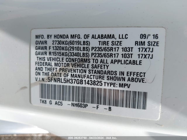Honda ODYSSEY SE 2016 5FNRL5H37GB143825 Image 9