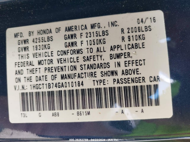 Honda ACCORD EX 2016 1HGCT1B74GA010184 Image 9