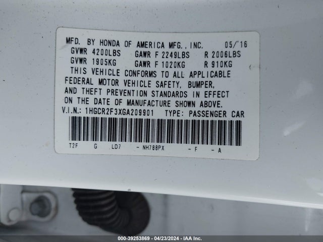 Honda ACCORD LX 2016 1HGCR2F3XGA209901 Image 9