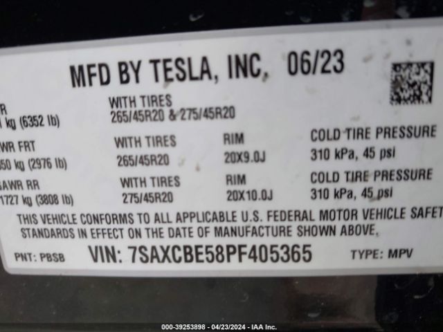 7SAXCBE58PF405365 Tesla Model X Dual Motor All-wheel Drive/standard Range