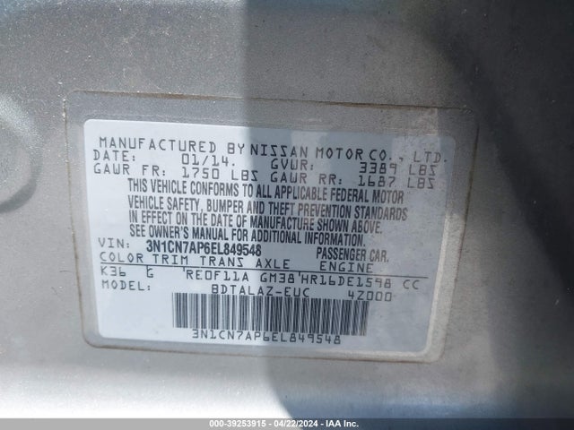 Nissan Versa 1.6 S+ 2014 3N1CN7AP6EL849548 Image 9