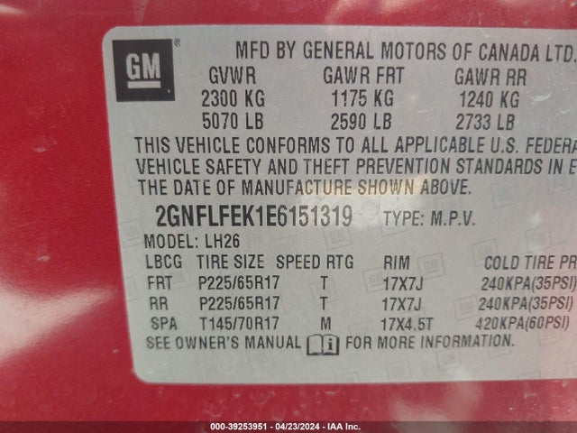Chevrolet EQUINOX 1LT 2014 2GNFLFEK1E6151319 Image 9