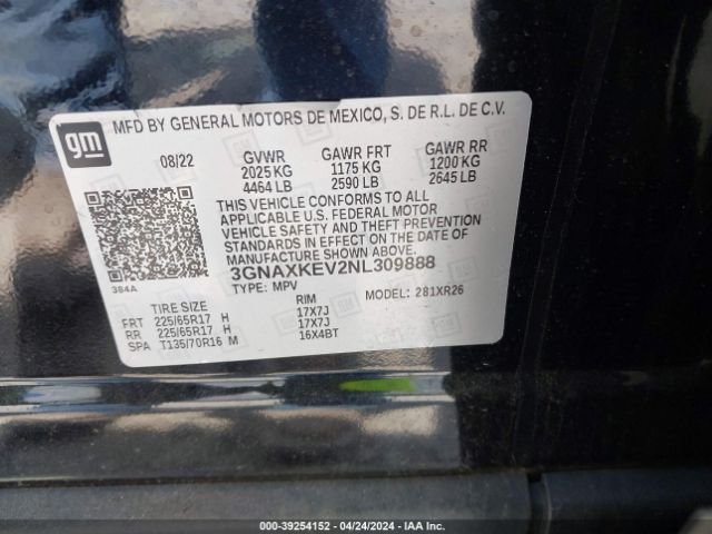 3GNAXKEV2NL309888 Chevrolet Equinox Fwd Lt