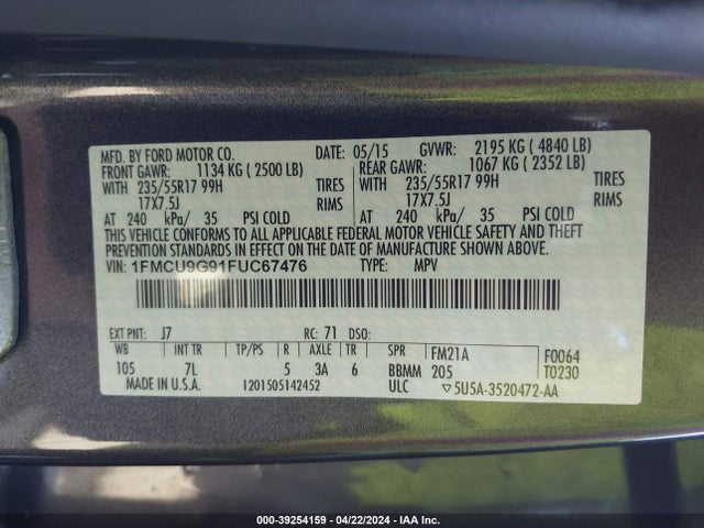 Ford ESCAPE SE 2015 1FMCU9G91FUC67476 Image 9