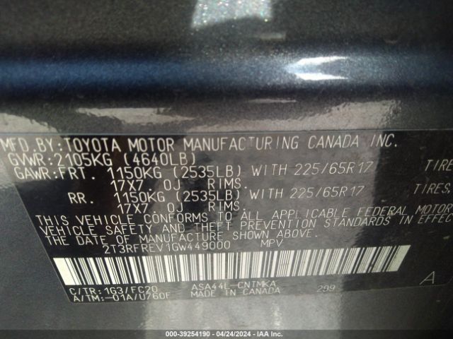 2T3RFREV1GW449000 Toyota Rav4 Xle