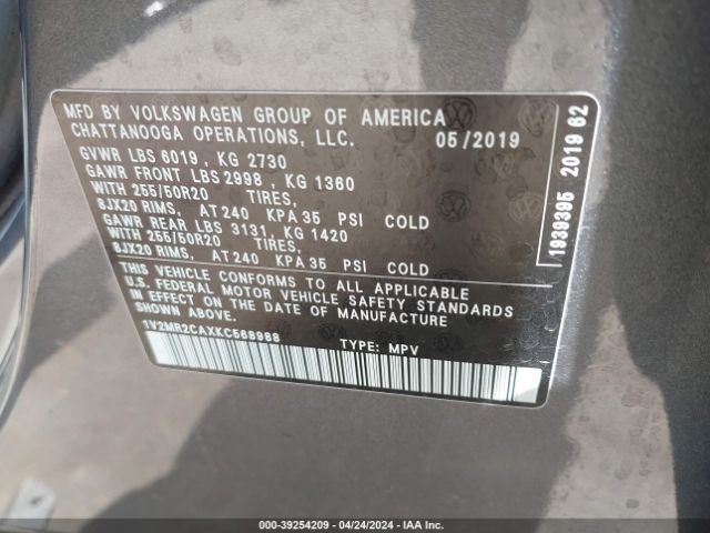 1V2MR2CAXKC568988 Volkswagen Atlas 3.6l V6 Sel