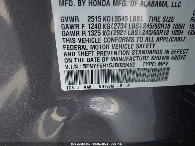 Honda PILOT LX 2018 5FNYF5H15JB029492 Image 9