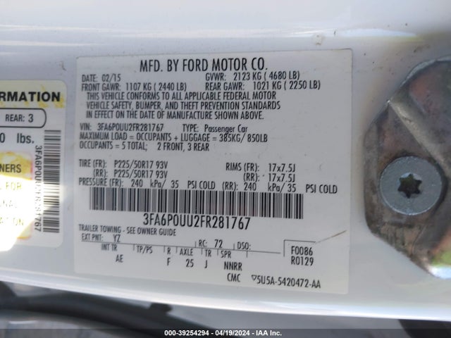 Ford Fusion Hybrid S 2015 3FA6P0UU2FR281767 Image 9