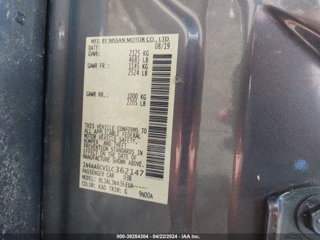 Nissan Maxima Sv Xtronic Cvt 2020 1N4AA6CV1LC362147 Image 9