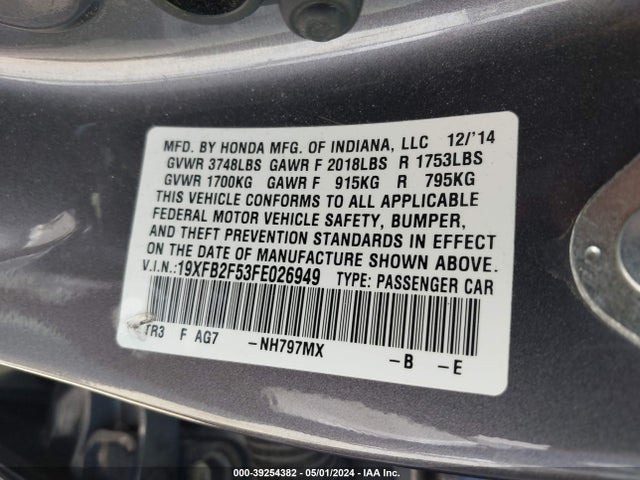 Honda Civic Lx 2015 19XFB2F53FE026949 Image 9