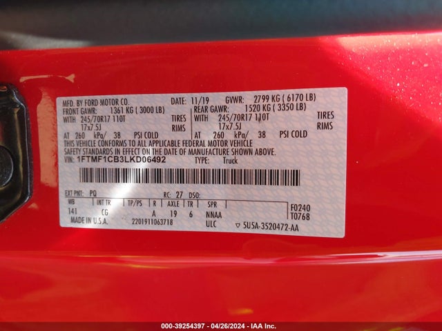 Ford F-150 Xl 2020 1FTMF1CB3LKD06492 Image 9