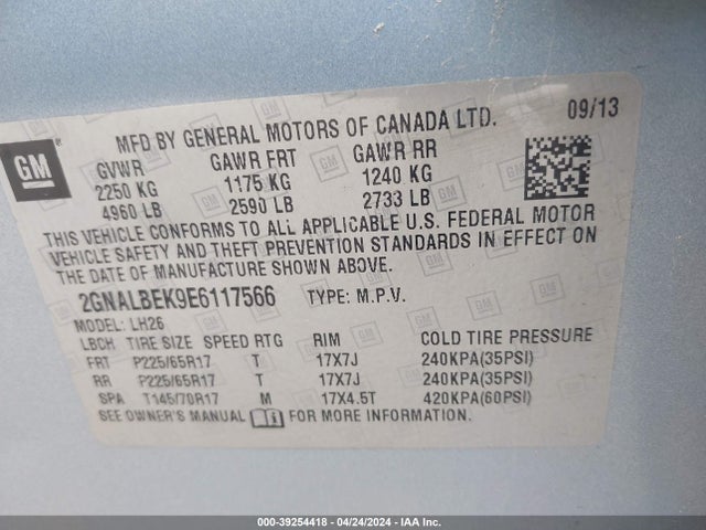 Chevrolet EQUINOX 1LT 2014 2GNALBEK9E6117566 Image 9