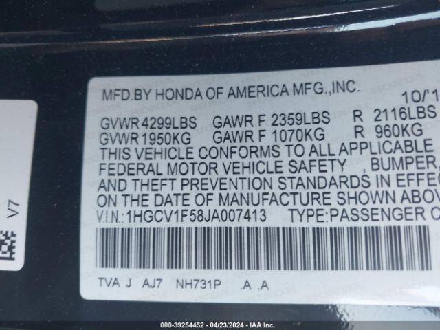 1HGCV1F58JA007413 Honda Accord Ex-l