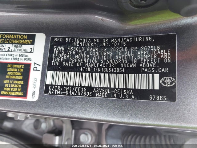 Toyota CAMRY SE 2016 4T1BF1FK1GU543054 Image 9