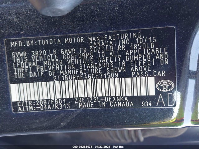 Toyota COROLLA LE 2016 2T1BURHE4GC531509 Image 9