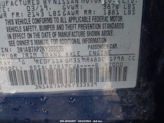 Nissan SENTRA S 2019 3N1AB7AP2KY333539 Image 9
