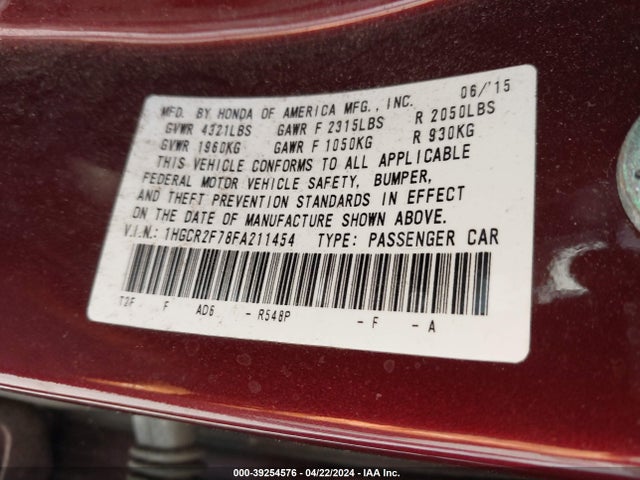 Honda ACCORD EX 2015 1HGCR2F78FA211454 Image 9