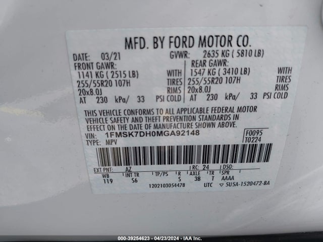 Ford EXPLORER XLT 2021 1FMSK7DH0MGA92148 Image 9