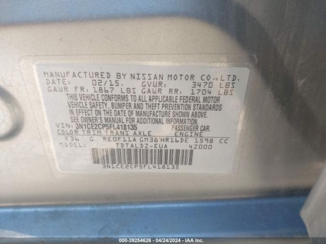 3N1CE2CP5FL418135 Nissan Versa Note S (sr)/s Plus/sl/sr/sv