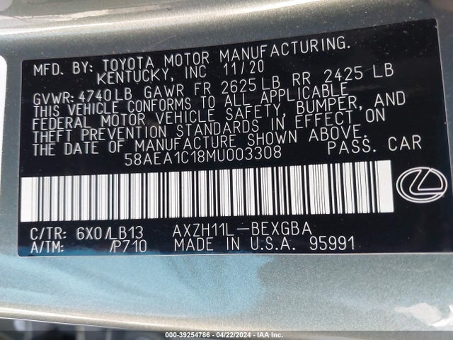 58AEA1C18MU003308 Lexus Es 300h Luxury
