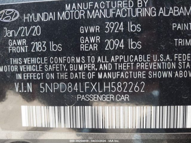 5NPD84LFXLH582262 Hyundai ELANTRA SEL