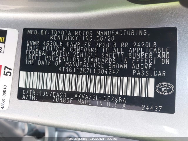 Toyota Camry Se Awd 2020 4T1G11BK7LU004247 Image 9