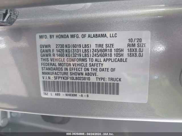 Honda Ridgeline Awd Sport 2020 5FPYK3F10LB023810 Image 9