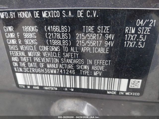 3CZRU6H36MM741246 Honda Hr-v Awd Lx