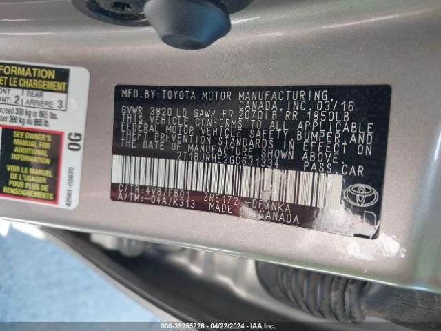 2T1BURHE2GC631334 Toyota COROLLA LE