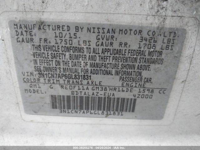 3N1CN7AP6GL831831 Nissan Versa 1.6 S+