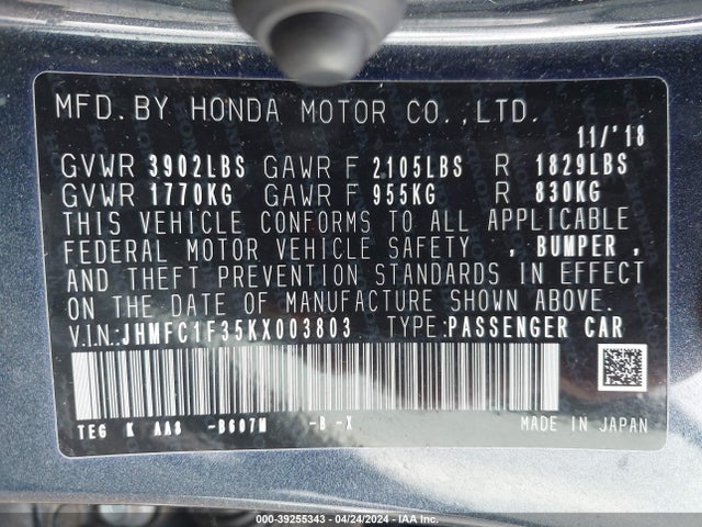 Honda CIVIC EX 2019 JHMFC1F35KX003803 Image 9