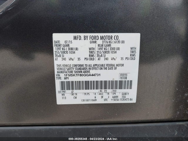 Ford Explorer Limited 2016 1FM5K7F80GGA44731 Image 9