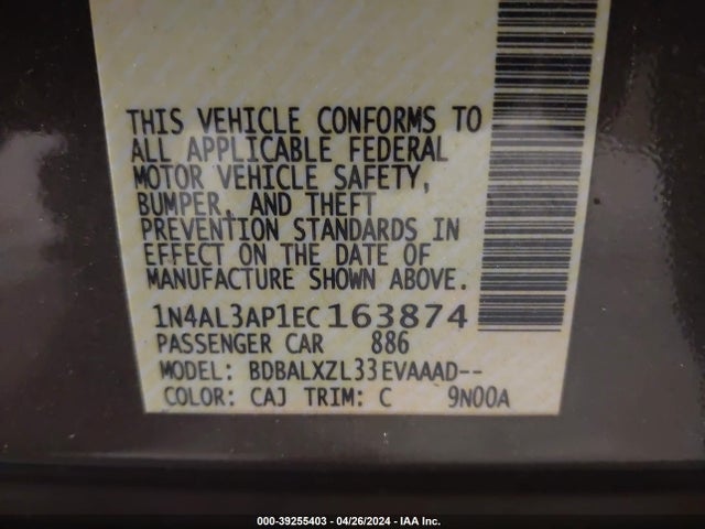 39255403 :رقم المزاد ، 1N4AL3AP1EC163874 vin ، 2014 Nissan Altima 2.5 Sl مزاد بيع