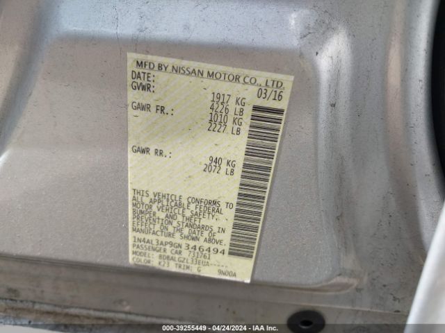 1N4AL3AP9GN346494 Nissan Altima 2.5/2.5 S/2.5 Sl/2.5 Sr/2.5 Sv