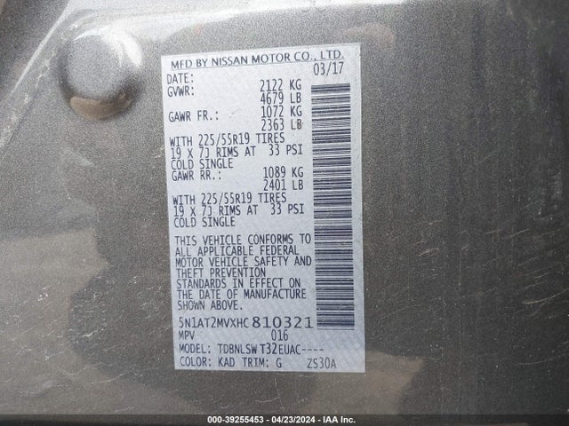 Nissan Rogue Sl 2017 5N1AT2MVXHC810321 Image 9