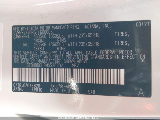 Toyota Highlander Hybrid Xle 2021 5TDHBRCH2MS526202 Image 9