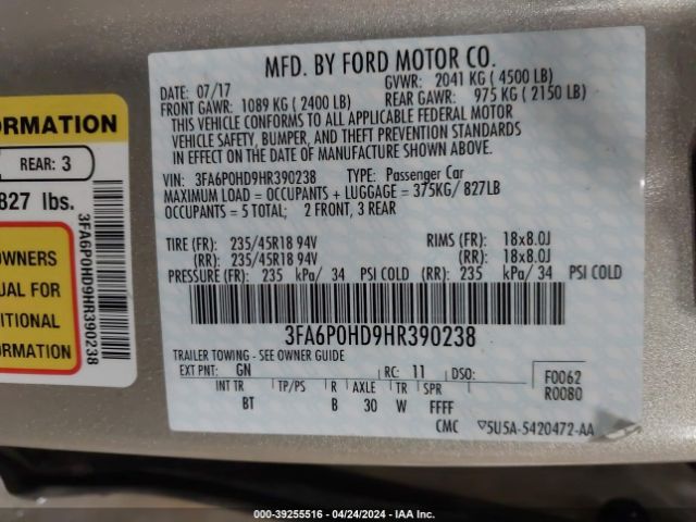 3FA6P0HD9HR390238 Ford FUSION SE