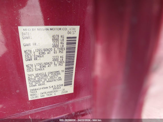1N6BA1F49HN545308 Nissan Titan Xd Sl Diesel