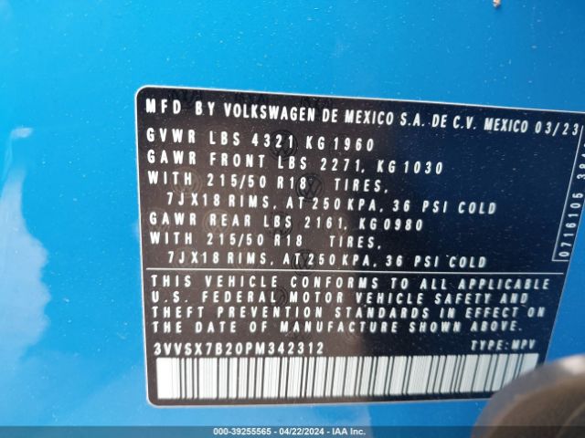 3VVSX7B20PM342312 Volkswagen Taos 1.5t Se