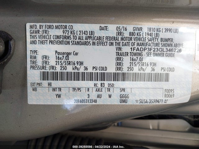 Ford FOCUS SE 2016 1FADP3F23GL346226 Image 9