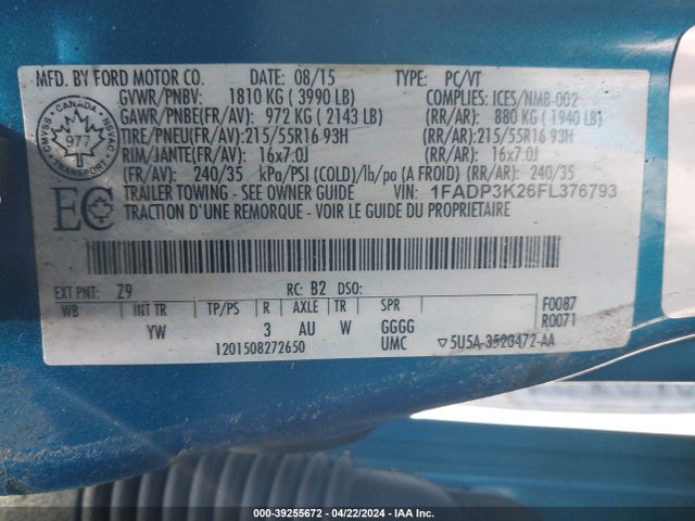 Ford FOCUS SE 2015 1FADP3K26FL376793 Image 9