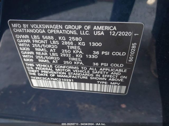 1V2KC2CA7MC210291 Volkswagen Atlas Cross Sport 2.0t Se W/technology