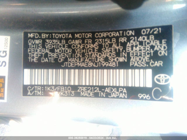 Toyota COROLLA LE 2022 JTDEPMAE8NJ199481 Image 9