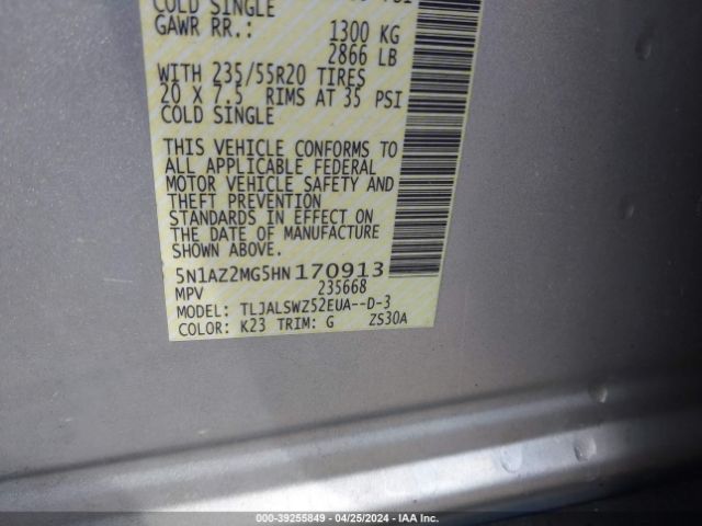 5N1AZ2MG5HN170913 Nissan Murano Platinum