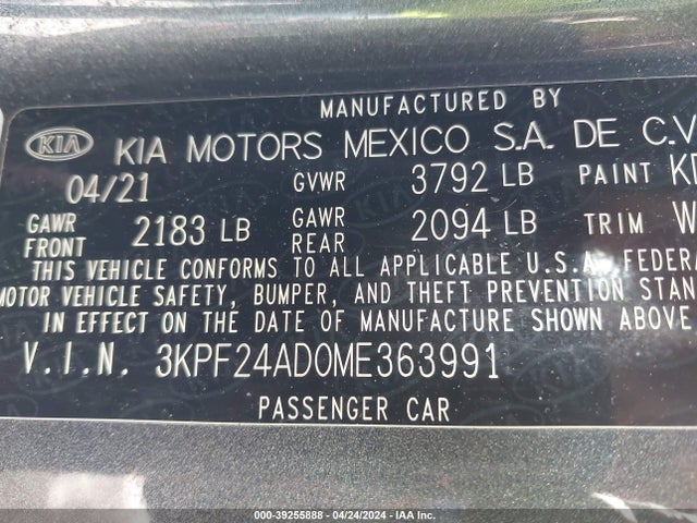 3KPF24AD0ME363991 KIA Forte Lxs