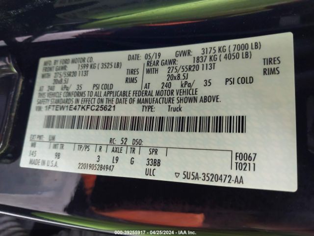 1FTEW1E47KFC25621 Ford F-150 Platinum