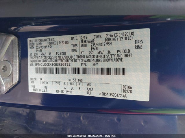 Ford ESCAPE SE 2016 1FMCU0GX2GUB96722 Image 9