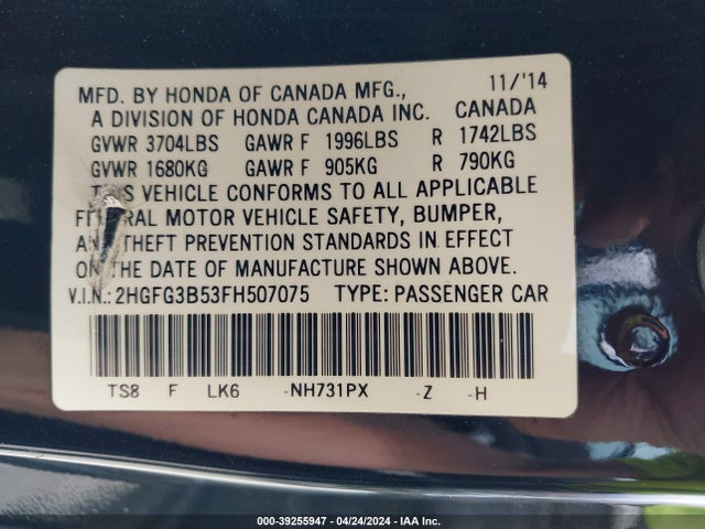 Honda Civic Lx 2015 2HGFG3B53FH507075 Image 9